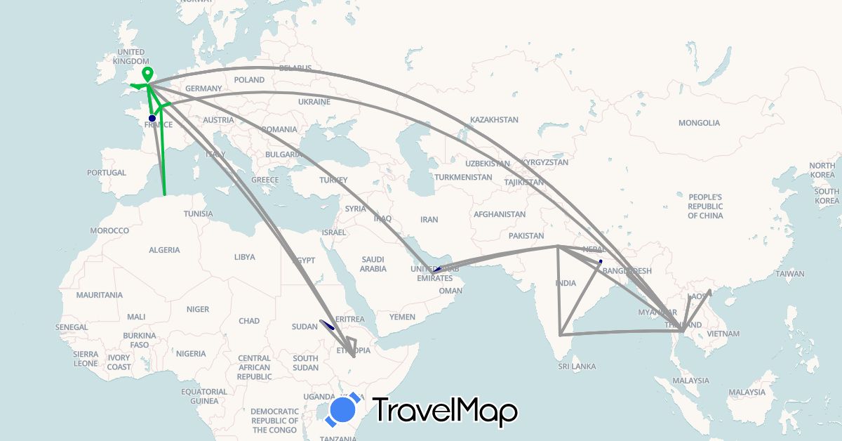 TravelMap itinerary: driving, bus, plane in United Arab Emirates, Bangladesh, Algeria, Ethiopia, France, United Kingdom, India, Laos, Nepal, Sudan, Thailand, Vietnam (Africa, Asia, Europe)